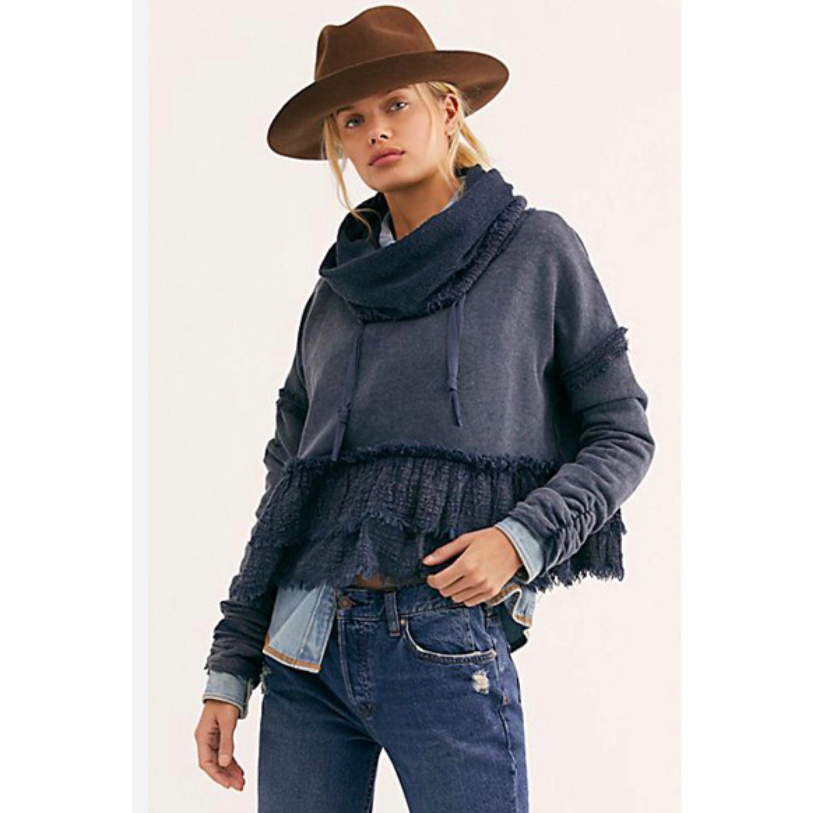 Free People Playing In Plaid Pullover Cowl Neck Fringe Sweatshirt Size Small